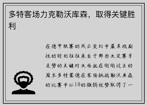 多特客场力克勒沃库森，取得关键胜利